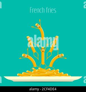 Pommes frites. Pommes auf einem Teller Vektor. Lustige, Cartoon gebratene Kartoffeln auf einem Teller. Zeichentrickfiguren lächeln und lachen. Lustige Pommes, Lebensmittel-Vektor. Ve Stock Vektor