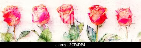 Banner von orangen Rosen aufgereiht in einer Reihe in Aquarelle Stockfoto