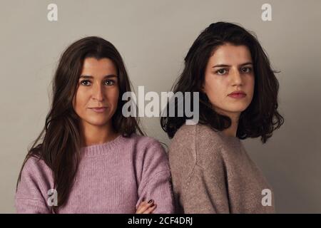 Zufriedene junge charmante dunkelhaarige Frauen tragen Pullover und suchen Bei der Kamera, während sie auf grauem Hintergrund im Studio zusammen stehen Stockfoto