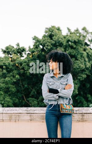 Junge trendige afroamerikanische Frau in Jeans und Crop Top auf Steinbrüstchen sitzen Stockfoto