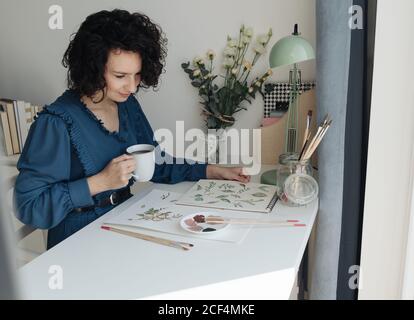 Brünette Frau Künstlerin sitzt am Tisch mit einer Tasse Kaffee und Blick auf Zeichnungen am Arbeitsplatz Stockfoto