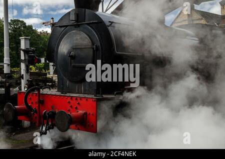 Steam Train Repulse, in Dampf versengt, fährt von der Haverthwaite Station auf einer Zweigbahnlinie Richtung Lakeside im Lake District (UK) Stockfoto