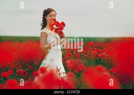 Braut in einem weißen Kleid mit Bouquet von roten Mohnblumen, warme Sonnenuntergangszeit auf dem Hintergrund der großen roten Mohnfeld. Speicherplatz kopieren. Das Konzept der Ruhe Stockfoto