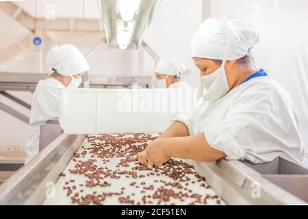 Mendoza, Argentinien - Februar, 09 2015: Seitenansicht von erwachsenen ethnischen Damen in Uniform Sortieren frische Rosinen auf Förderband während der Arbeit in der Fabrik Stockfoto