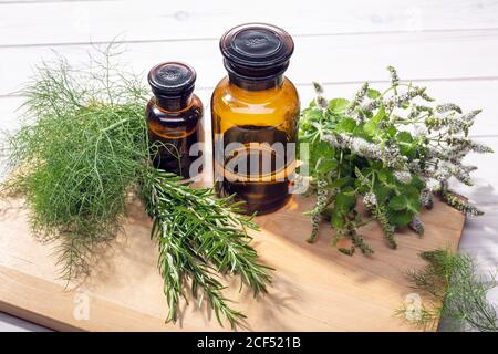 Ätherisches Kräuteröl. Pfefferminze, Rosmarin und Fenchelöl für Aromatherapie, Wellness, Hautpflege, pflanzliche Heilmittel Stockfoto