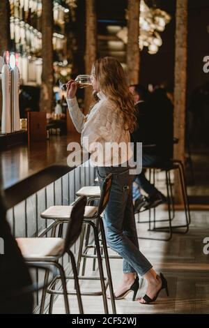 Elegante Frau, die in der Bar Wein trinkt Stockfoto