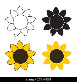 Sonnenblumen-Symbol in verschiedenen Stilen umreißen, gefüllt, farbige Vektor-Illustration gesetzt Stock Vektor