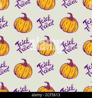 Halloween Nahtloses Muster mit reifen Kürbissen und Trick or Treat Schriftzug. Gut für die Verpackung Design. Stock Vektor