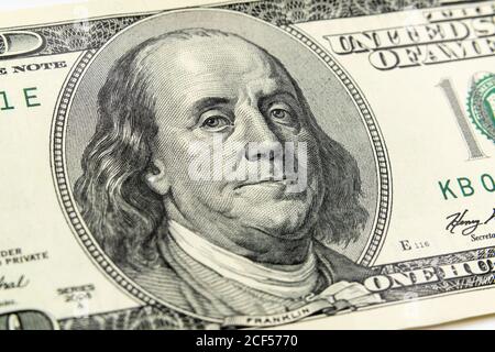 Makroansicht von Ben Franklin auf der US-amerikanischen 100-Dollar-Rechnung. Stockfoto