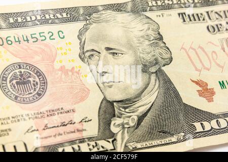 Makroansicht von Alexander Hamilton über den 10-Dollar-Schein der USA. Stockfoto