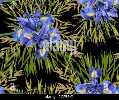 Hintergrund der Iris Blumen mit Laub. Nahtloses Muster. Aquarell Illustration. Stockfoto