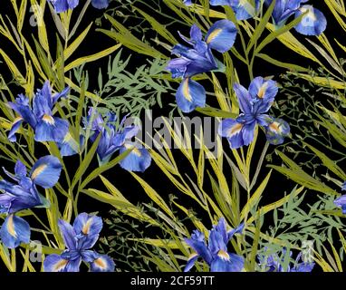 Hintergrund der Iris Blumen mit Laub. Nahtloses Muster. Aquarell Illustration. Stockfoto