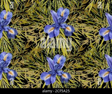 Hintergrund der Iris Blumen mit Laub. Nahtloses Muster. Aquarell Illustration. Stockfoto