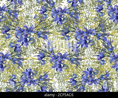 Hintergrund der Iris Blumen mit Laub. Nahtloses Muster. Aquarell Illustration. Stockfoto
