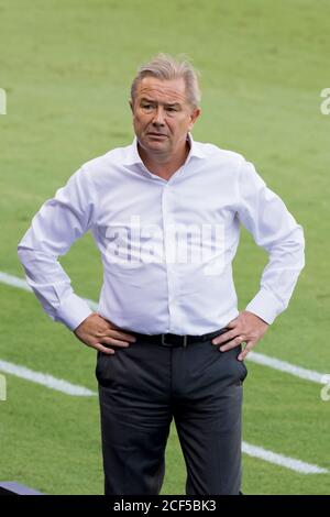 Houston, Texas, USA. September 2020. Minnesota United Trainer Adrian Heath vor dem Spiel gegen den Houston Dynamo im BBVA Stadium in Houston, Texas. Maria Lysaker/CSM/Alamy Live News Stockfoto