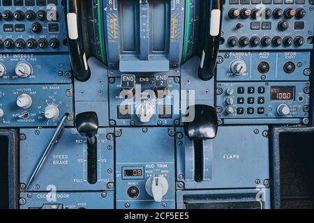 Fire buttons on control panel in cockpit Stockfoto
