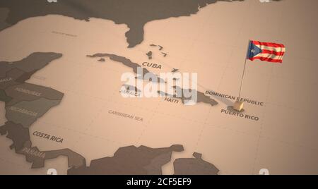 Flagge auf der Karte von Puerto Rico. Vintage Karte und Flagge der Länder Mittelamerikas, Karibik Serie 3D Rendering Stockfoto