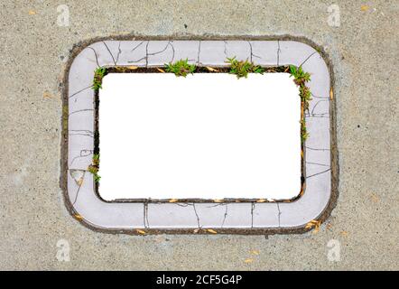 Leerer gesprungener Betonrahmen mit Flecken von grünem Gras und kleinen trockenen Baumblättern auf grauer Betonoberfläche für Werbung oder Dekoration. Stockfoto