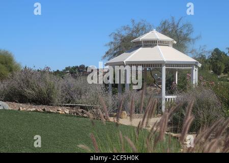 Weißer Pavillon inmitten eines reifen Gartens Stockfoto