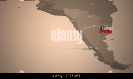 Flagge auf der Karte von Chile. Vintage Karte und Flagge südamerikanischer Länder Serie 3D Rendering Stockfoto