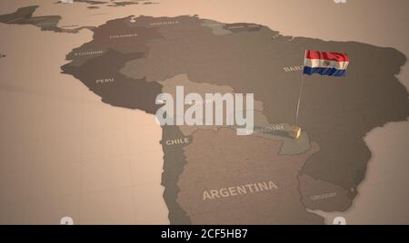 Flagge auf der Karte von Paraguay. Vintage Karte und Flagge südamerikanischer Länder Serie 3D Rendering Stockfoto