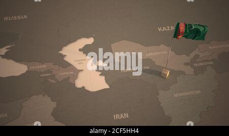 Flagge auf der Karte von Turkmenistan. Vintage Karte und Flagge asiatischer Länder 3D-Rendering Stockfoto