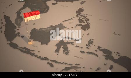 Flagge auf der Karte von Indonesien. Vintage Karte und Flagge asiatischer Länder 3D-Rendering Stockfoto