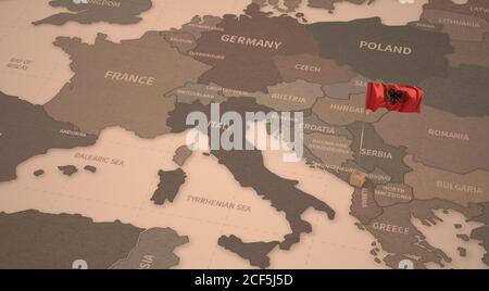 Flagge auf der Karte von Albanien. Vintage Karte und Flagge der europäischen Länder 3D-Rendering-Serie Stockfoto