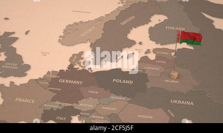 Flagge auf der Landkarte von Weißrussland. Vintage Karte und Flagge der europäischen Länder 3D-Rendering-Serie Stockfoto