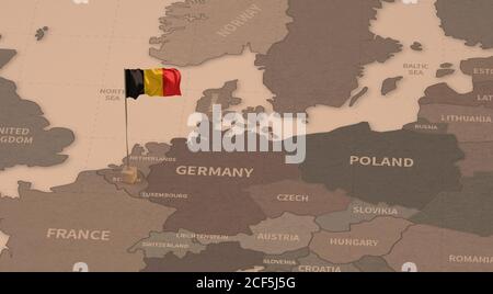 Flagge auf der Karte von Belgien. Vintage Karte und Flagge der europäischen Länder 3D-Rendering-Serie Stockfoto