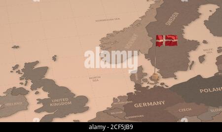 Flagge auf der Karte von Dänemark. Vintage Karte und Flagge der europäischen Länder 3D-Rendering-Serie Stockfoto