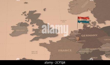 Flagge auf der Karte von Luxemburg. Vintage Karte und Flagge der europäischen Länder 3D-Rendering-Serie Stockfoto