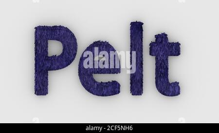 Pelt - violett Wort 3d isoliert auf weißem Hintergrund realistische Rendering von pelzigen Buchstaben Illustration. Natürliche Kombination Fell. Pelz. Tierfell. Hund, Stockfoto