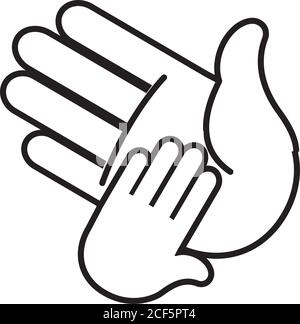 Große Hand und kleine Hand berühren über weißem Hintergrund, Linienstil, Vektor-Illustration Stock Vektor