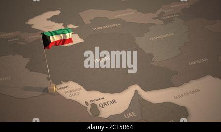 Flagge auf der Karte von Kuwait. Vintage Karte und Flagge der Länder des Nahen Ostens 3D-Rendering Stockfoto