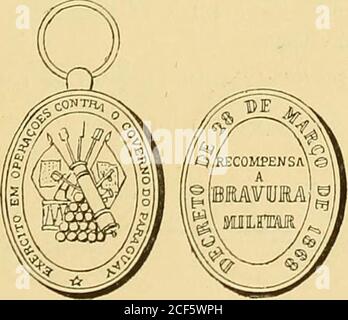 . Monetario americano (ilustrado) clasificado. N 1083 – La Misma. Cobre: Peso i gram. 4 decíg.. AL MERMO MILIT.VR N 1084 – Anver,so Leyenda Exercito em Opera9Óes Contra oGoverno do Paraguay • en el campo: Trofeos militares. – 304 – Reverso Leyenda Decreto de 28 de Margo de 1868.en el campo: Recompensa a Bravura Militar. Cobre: Peso 15 Gramm. 4 decíg. Stockfoto