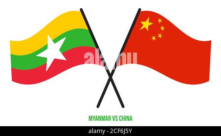 Myanmar und China Flaggen gekreuzt und winken Flat Style. Offizieller Anteil. Richtige Farben. Stock Vektor