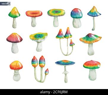 Große Vektor Aquarell-Kollektion mit handbemalten psychedelischen Pilzen. Stock Vektor