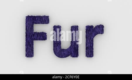 Pelz - violett Wort 3d isoliert auf weißem Hintergrund, realistische Darstellung von pelzigen Buchstaben Illustration. Natürliche Kombination Fell. Pelz. Tierfell. Hund, Stockfoto