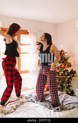 Zwei schöne Freunde springen und lachen im Bett zu Hause in der Nähe weihnachtsbaum in gemütlichen Innenraum. Innenausstattung mit weihnachtsdekorationen. Stockfoto