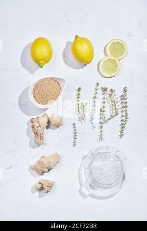 Draufsicht Set von verschiedenen Zutaten für ein gesundes Rezept Erfrischende Ingwer- und Thymianlimonade auf weißem Marmortisch Stockfoto