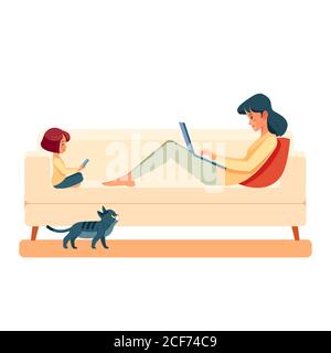 Arbeiten zu Hause. Familie Mutter und Kind Tochter zu Hause mit Laptop auf dem Sofa. Menschen zu Hause arbeiten in Quarantänepandemie. Cartoon-Vektor Stock Vektor