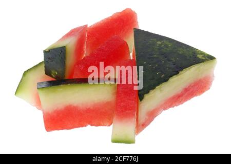 Food of the Future Konzept - kleine Scheiben von Wassermelone Obst. Isoliert auf weißem Studiomakro Stockfoto