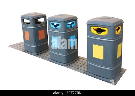 Neue Mülltonnen auf der Straße isoliert auf weiß installiert Stockfoto