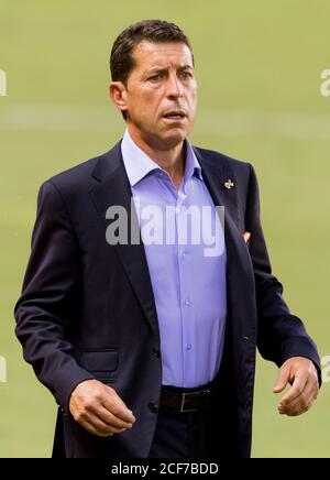 Houston, Texas, USA. September 2020. Houston Dynamo-Cheftrainer Tab Ramos während des Spiels gegen die Minnesota United im BBVA Stadium in Houston, Texas. Maria Lysaker/CSM/Alamy Live News Stockfoto