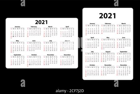 Zwei Taschen Kalender auf 2021 Jahr. Horizontal und vertikal. Woche beginnt ab Sonntag. Vektor-Vorlagen-Kalender für Unternehmen auf schwarzem Hintergrund. Stock Vektor