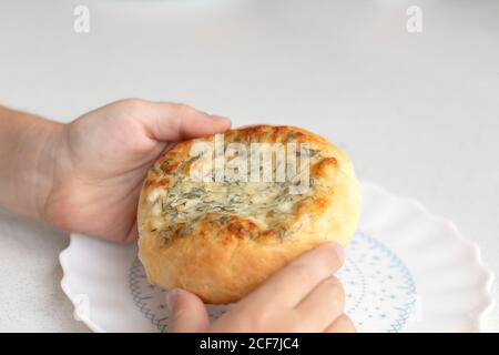 Kind hält Treat in den Händen. Patties mit Käse und Kräutern. Russisches Gebäck vatruschka Stockfoto