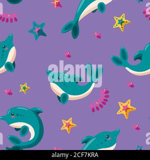 Nahtloses Muster mit Delphinen, Seesternen und Algen. Muster für Hintergründe, Tapeten und Textilien. Cartoon Vektor-Illustration in lila Hintergrund Stock Vektor
