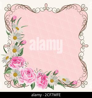 Schöner Vintage-Rahmen mit Blumen auf rosa Hintergrund. Stock Vektor
