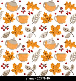 Nahtloses Vektor-Muster aus herbstlichen orangefarbenen Blättern und Beeren, Teekanne mit gestrickten Cups. Hintergrund für Grußkarte von Thanksgiving Day, Poster oder Stock Vektor